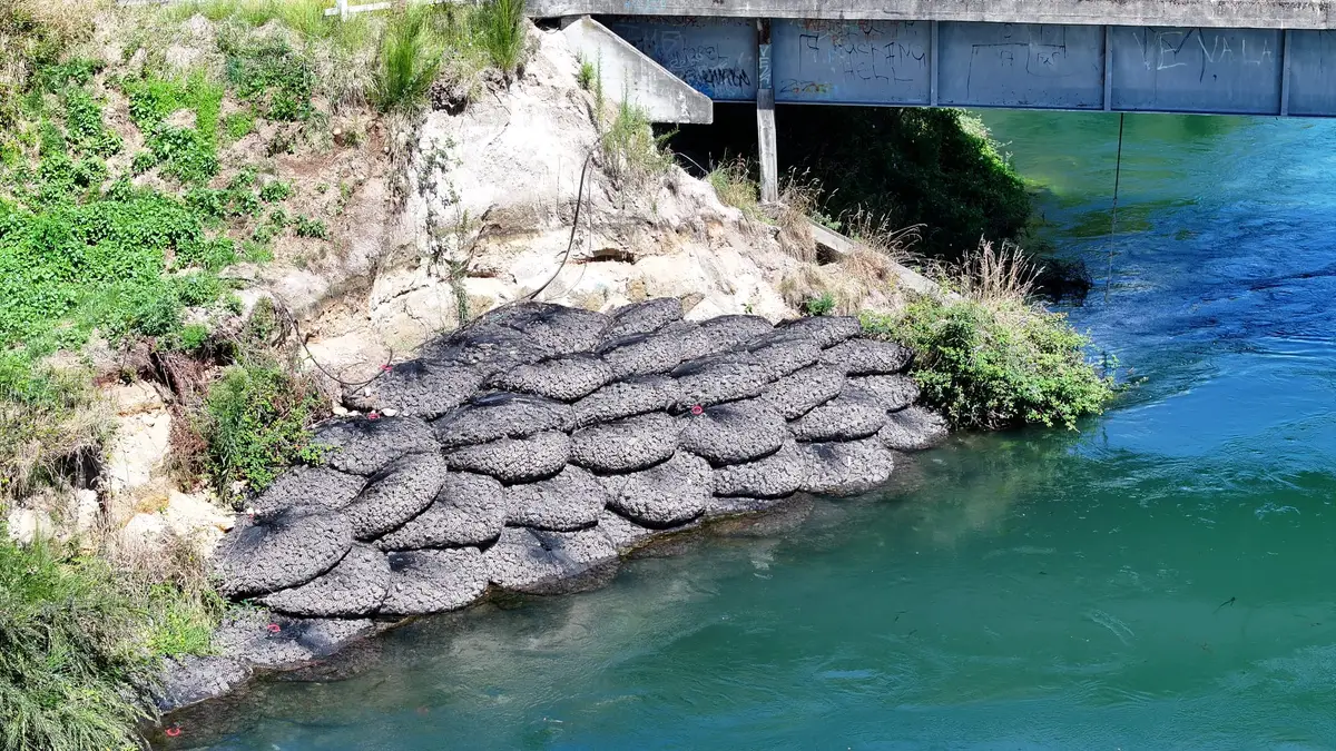River and bridge revetment in New Zealand with rock bags