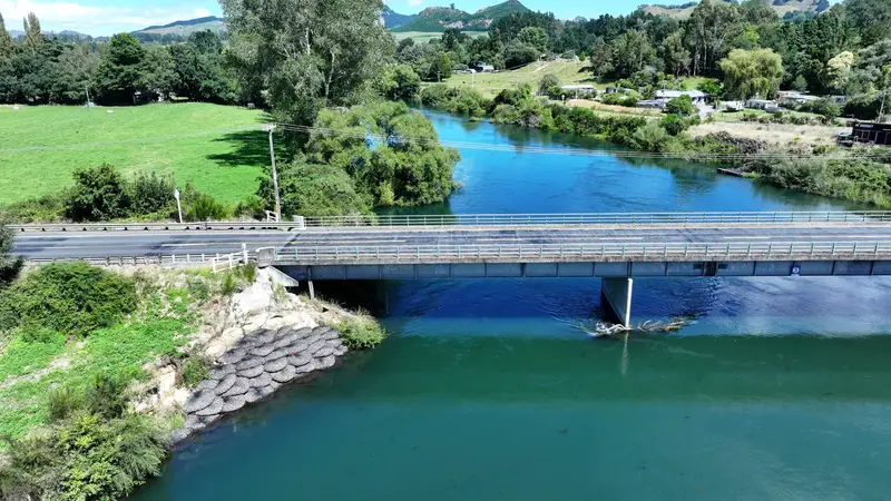 River and bridge revetment with rock bags in New Zealand — photo 2