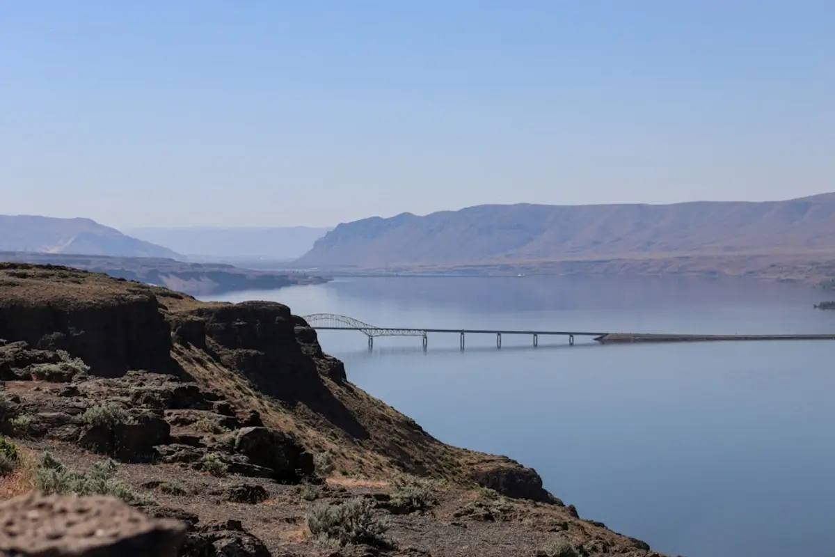 State DOT highway bridge embankment with rock bag scour protection at piers, US infrastructure
