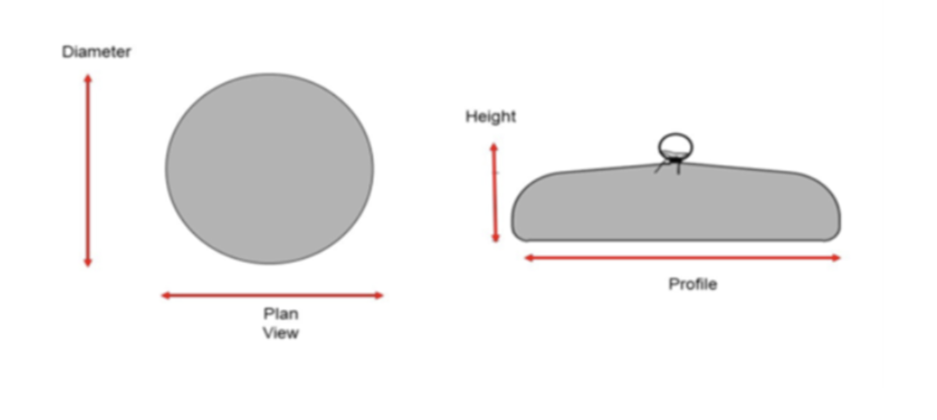 Texas Tuff Rock Bag dimensions — plan view showing diameter and profile view showing height